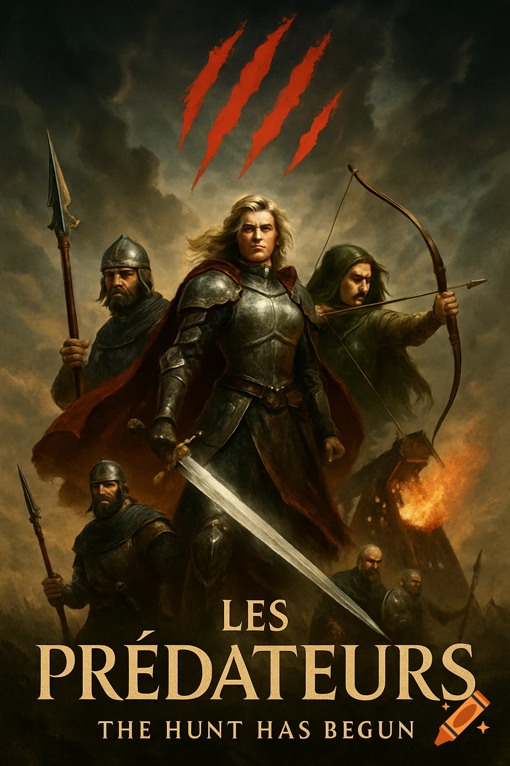 A dark fantasy poster showing a female knight with sword and male warriors with a spear and bow, with a fiery background and red claw marks in the stormy sky. Text reads 'Les Prédateurs - The Hunt Has Begun'.