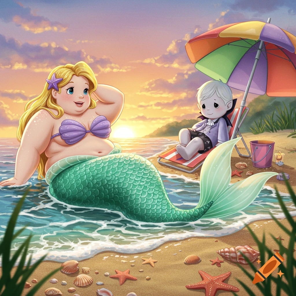 A chunky, Disney-inspired mermaid in shallow water on a beach, looking at a Precious Moments-inspired vampire sitting under a colorful beach umbrella at sunset.