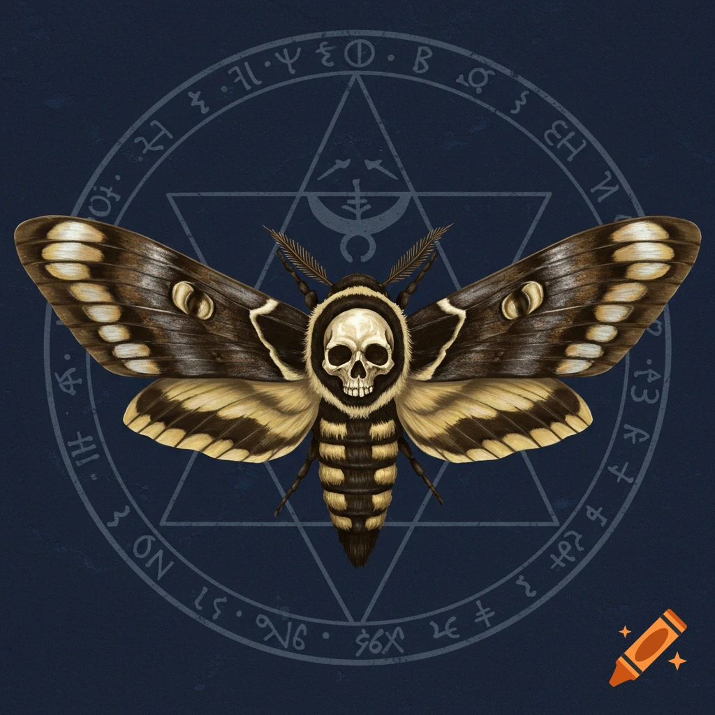 A detailed, realistic illustration of a large Deaths-head Hawkmoth with a skull-shaped marking on its thorax, centered on a dark blue background with a faded, grey occult symbol.
