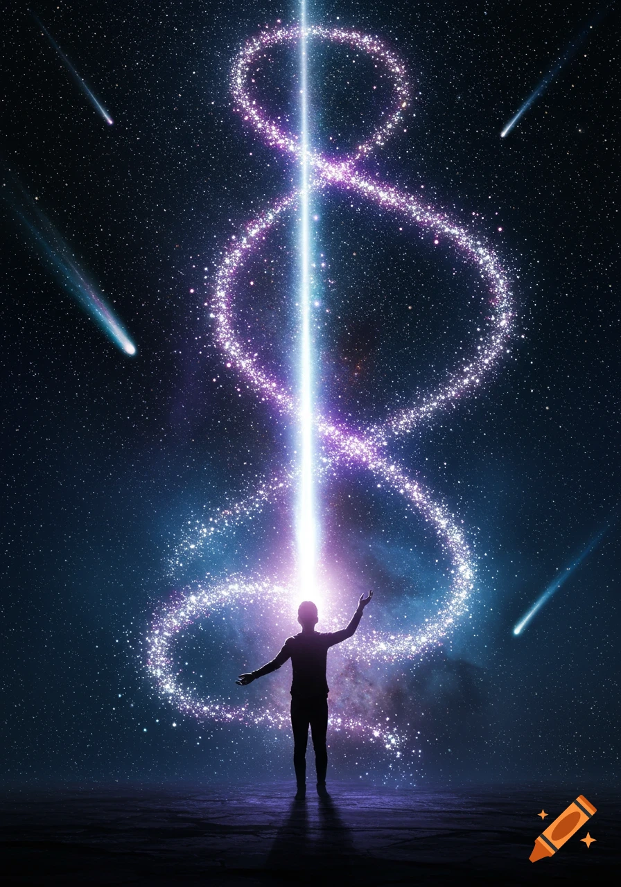 Silhouette of a person standing under a bright magical light beam with swirling stardust in a cosmic sky with shooting stars.