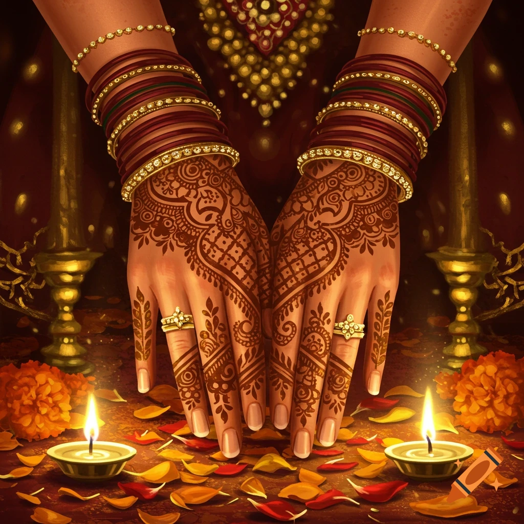 Close-up illustration of hands adorned with intricate henna, gold bangles, and rings, surrounded by lit diyas and marigold petals.