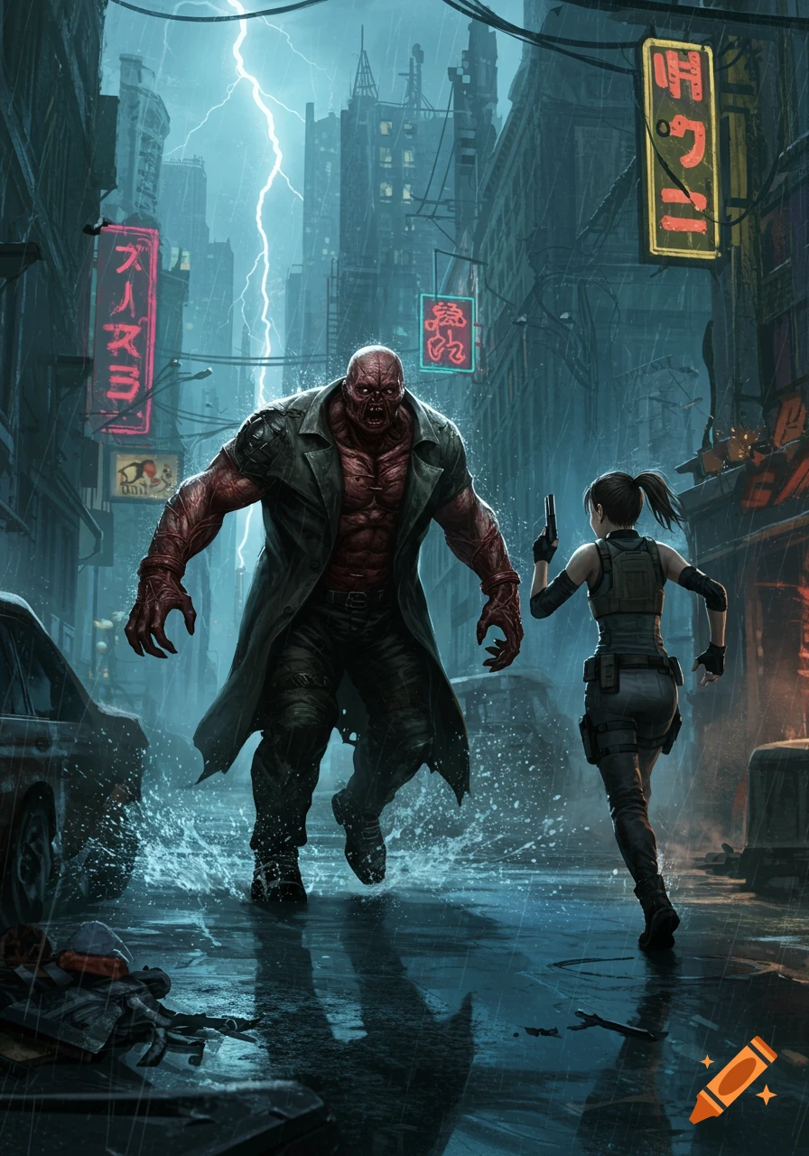 A monstrous red creature chases a woman with a gun through a rainy, lightning-streaked cyberpunk city street.
