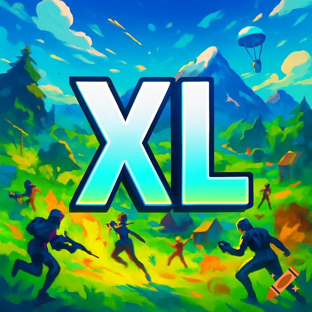 Large white and blue 'XL' letters over a vibrant, stylized landscape with several small, dark figures in action, reminiscent of a Fortnite game scene, with a mountain and parachute in the background.
