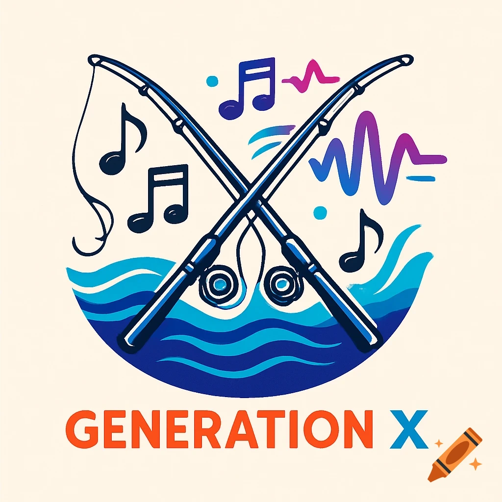 A graphic logo with crossed fishing rods, musical notes, waves, and sound wave, featuring the text 'GENERATION X'.