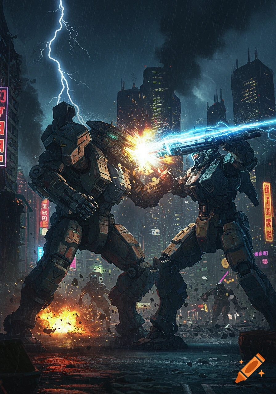 Two giant mechs battle in a rain-soaked futuristic city under a lightning storm, sparks flying from their clash.
