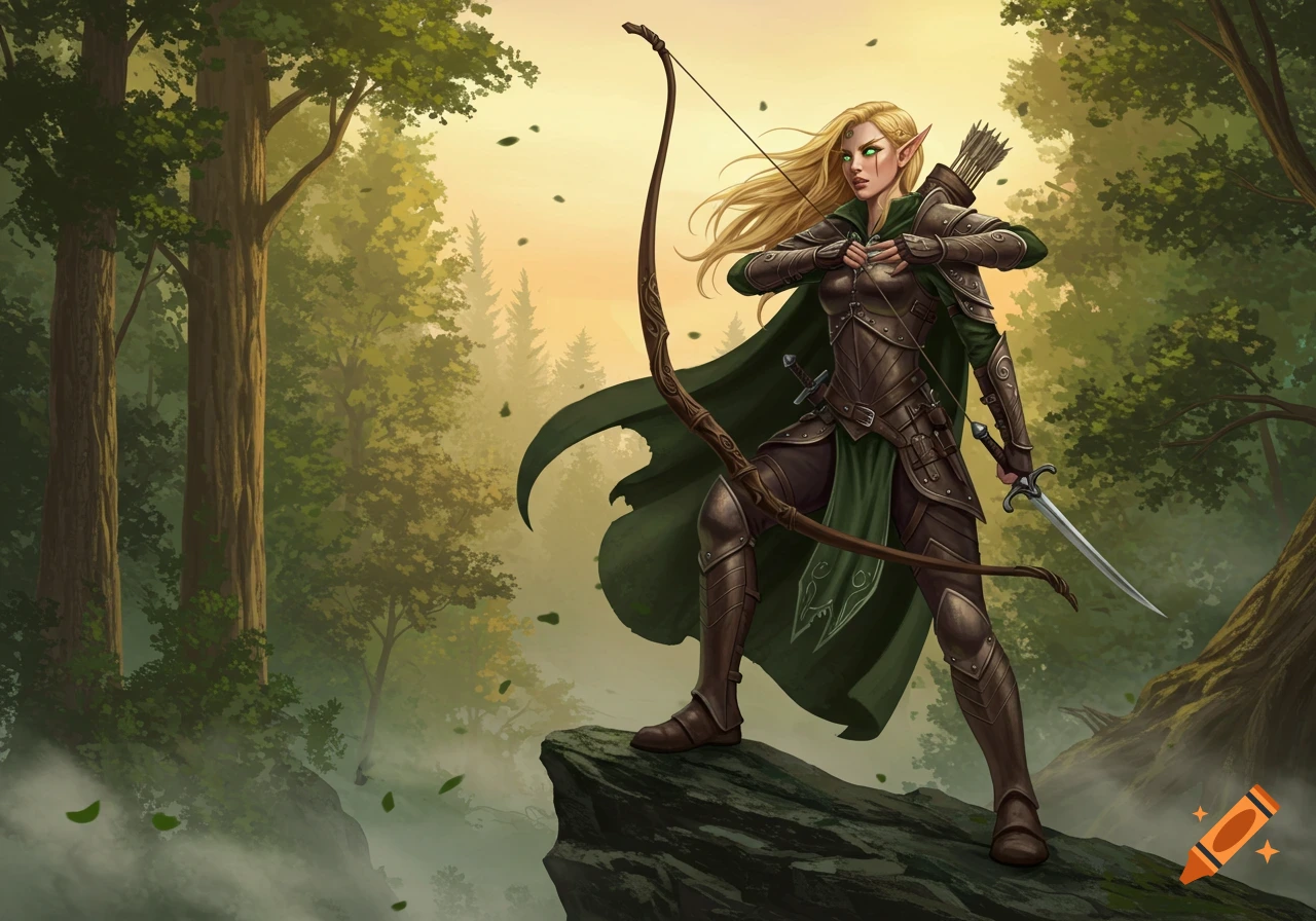 Blonde elven archer in studded leather armor with a bow and sword, standing on a rock in a forest.