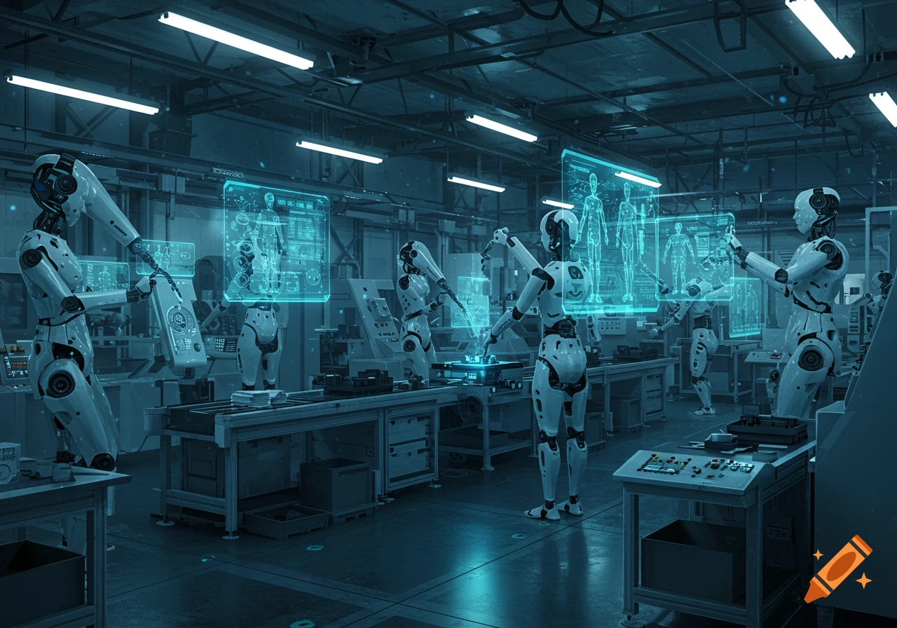 Photorealistic image of robots working in a futuristic factory, interacting with holographic screens.