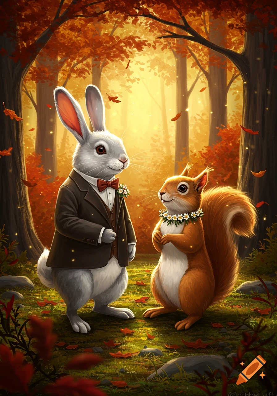 A dapper grey rabbit in a suit and a brown squirrel wearing a flower necklace stand together in a vibrant autumn forest.