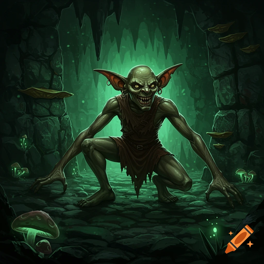 A sneering, green-skinned goblin crouches in a dark, glowing green cave amidst mushrooms and stalactites.