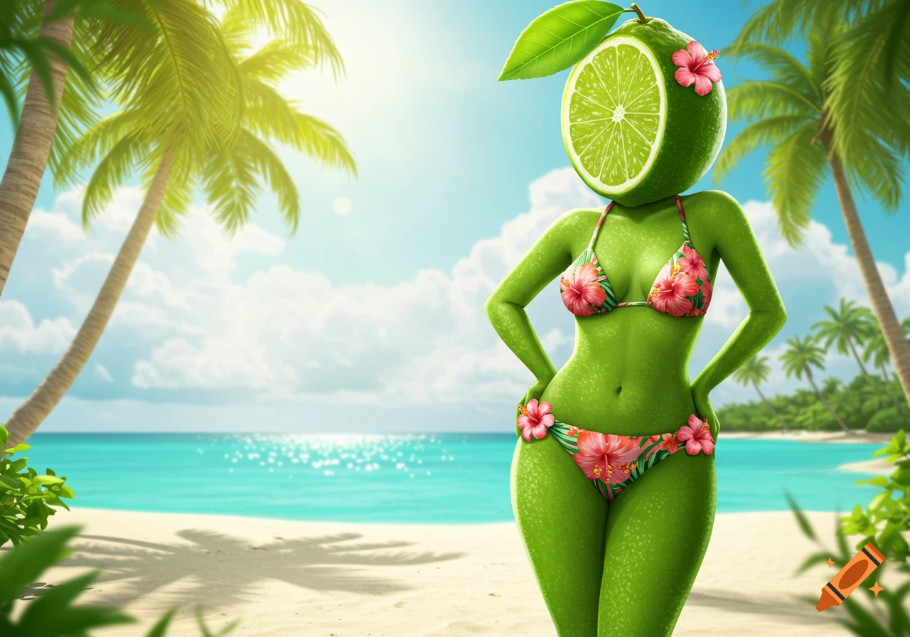 An anthropomorphic lime woman wearing a tropical bikini stands on a sunny beach with palm trees and a blue ocean.