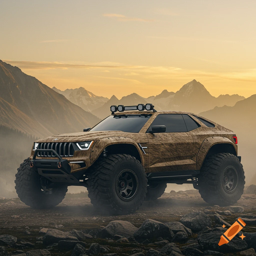 A rugged, textured off-road vehicle with large tires and a light bar sits on a rocky mountain terrain at sunset.