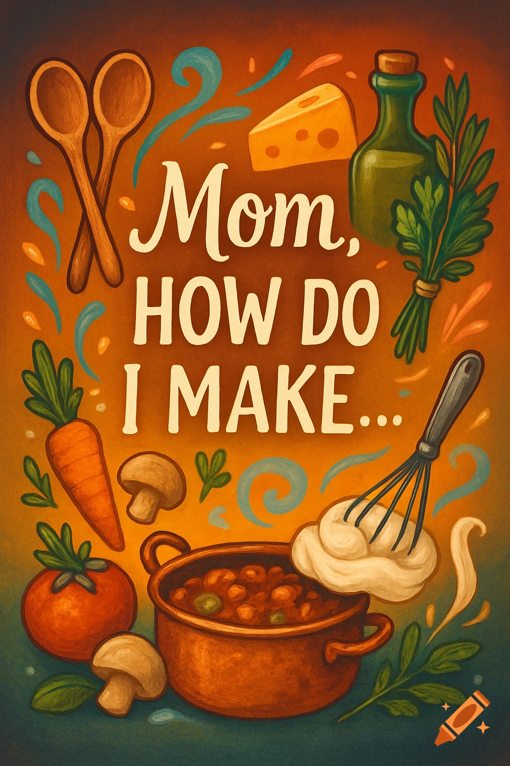 Colorful illustration for a cookbook cover featuring cooking ingredients, utensils, and the text 'Mom, HOW DO I MAKE...'
