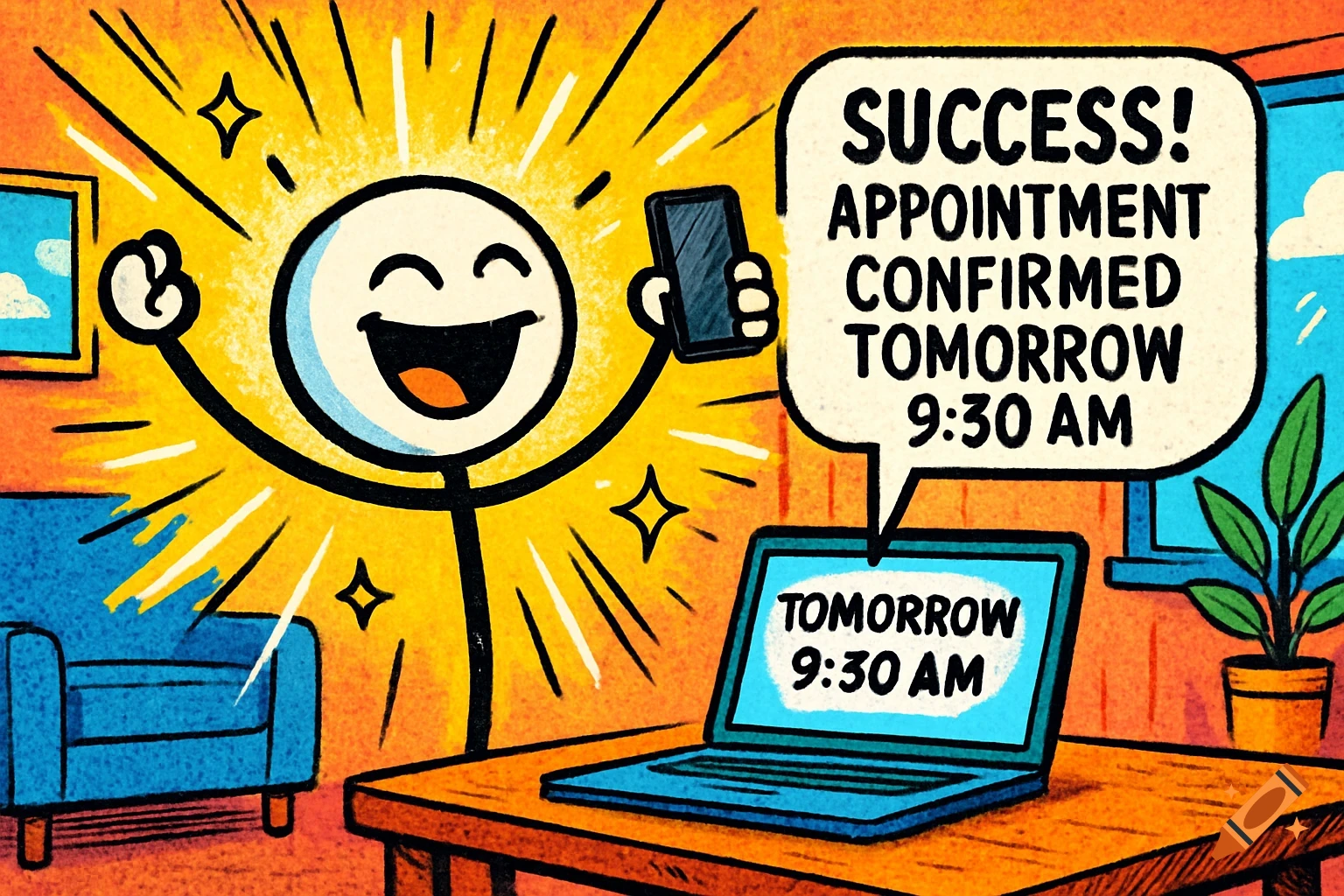 A smiling stick figure celebrates in a brightly lit room, holding a phone. A speech bubble says 'SUCCESS! Appointment confirmed tomorrow 9:30 AM' above a laptop.