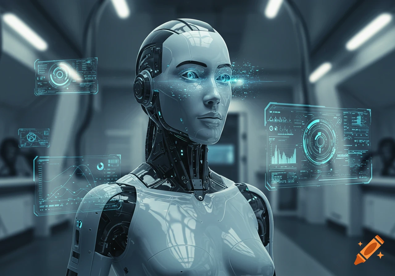 An anthropomorphic robot with glowing blue eyes stands among holographic data displays in a futuristic setting.