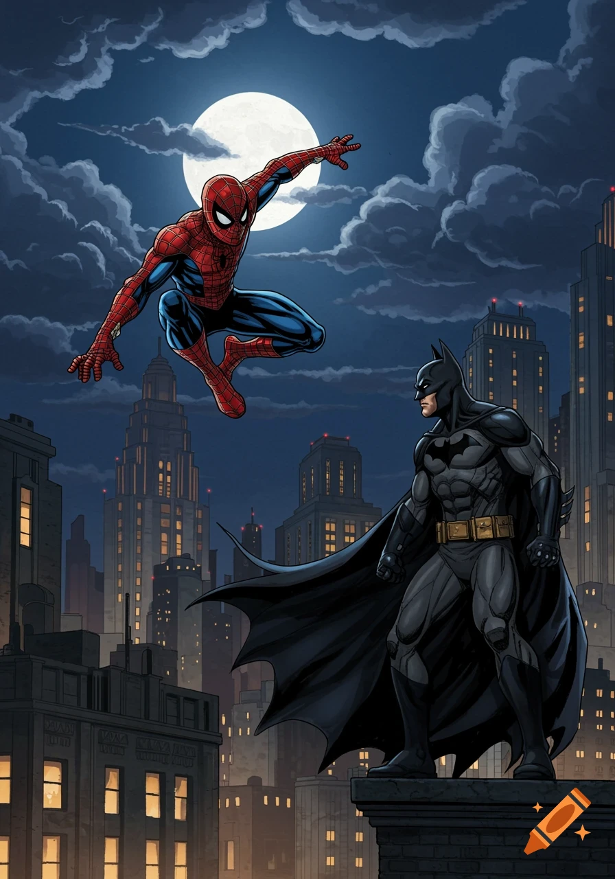 Spider-Man in mid-air above Batman on a rooftop at night, with a full moon and city skyline in a comic art style.