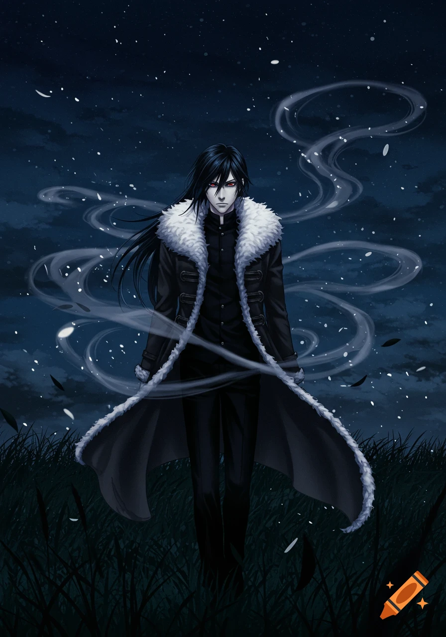 An anime-styled male character with long black hair and red eyes stands in a dark grassy field, wearing a black coat with white fur trim, with wisps of smoke around him.