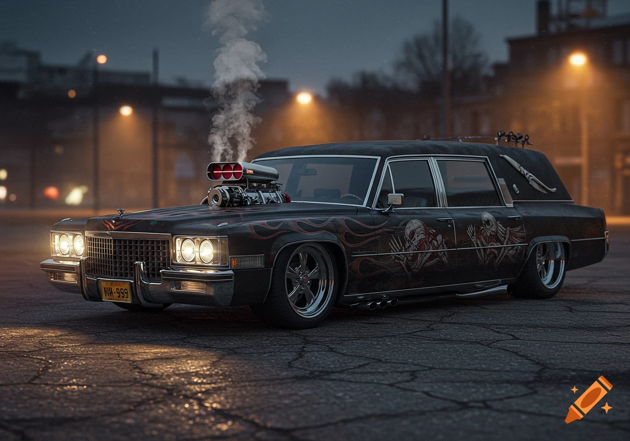 A photorealistic image of a custom black Cadillac hearse with a large engine, flames and skeletons, smoking, parked on a street at night.