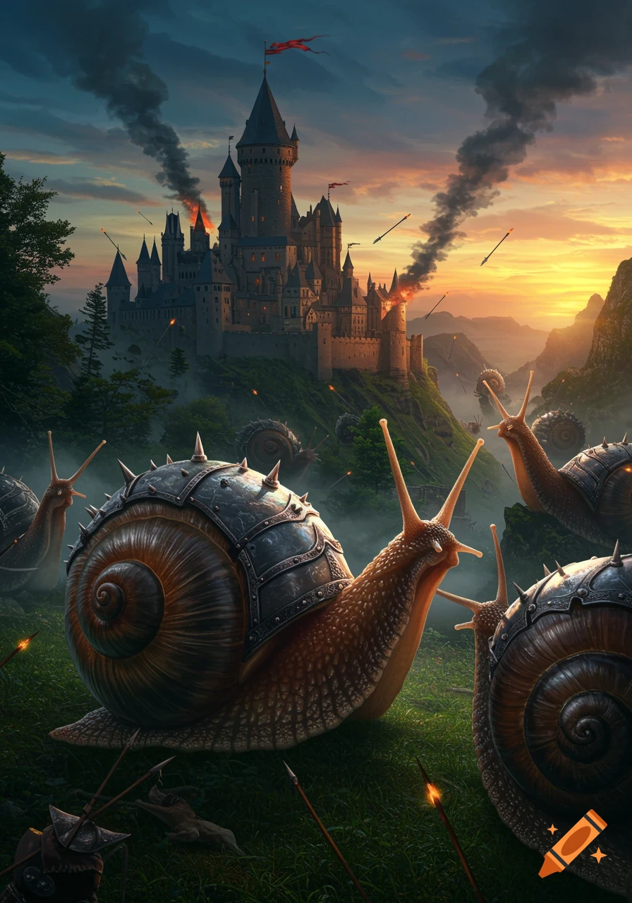Armored snails attack a medieval castle at sunset, with smoke rising from fires and arrows flying.