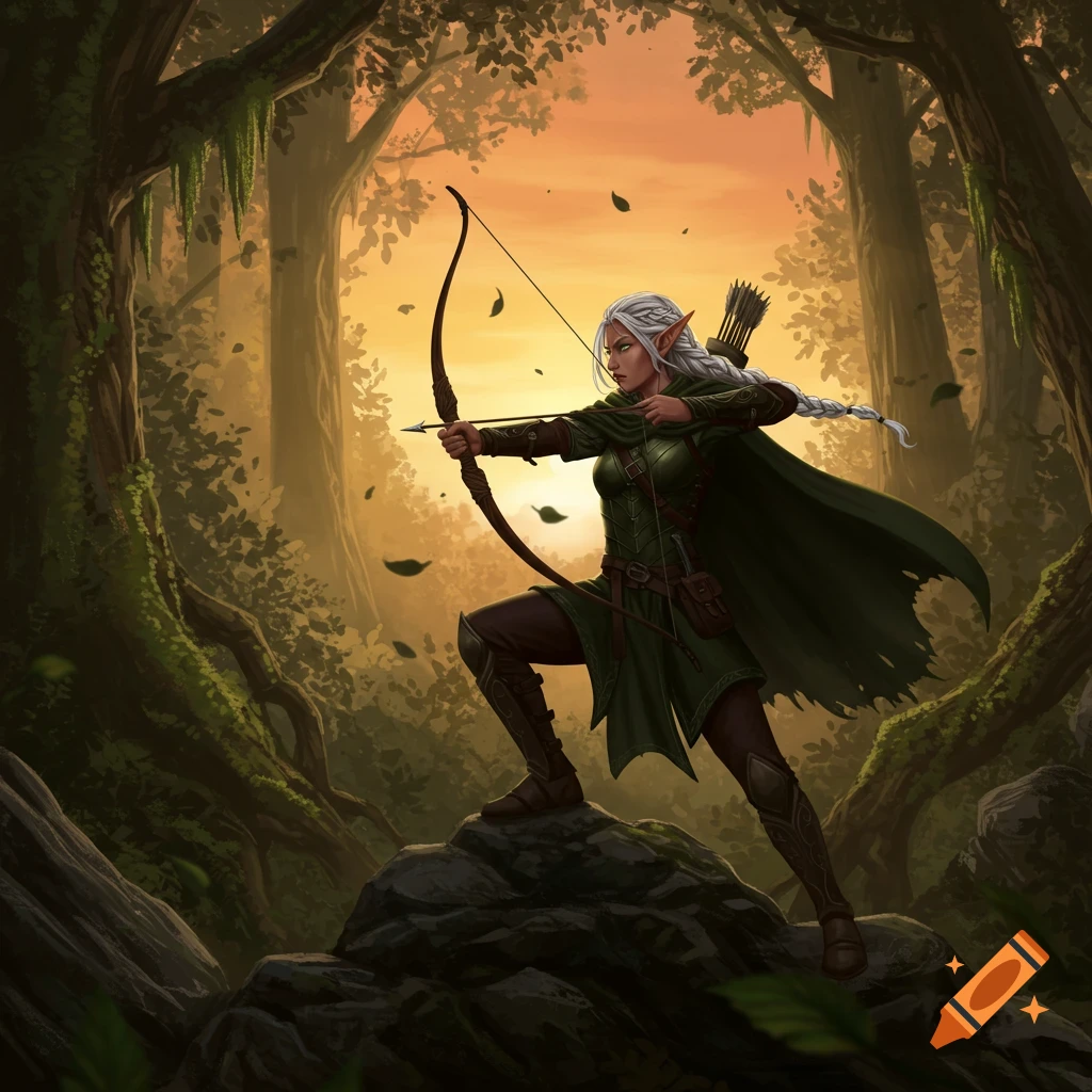 A female elf archer with white braided hair, in green attire, drawing a bow in a mystical forest at sunset.