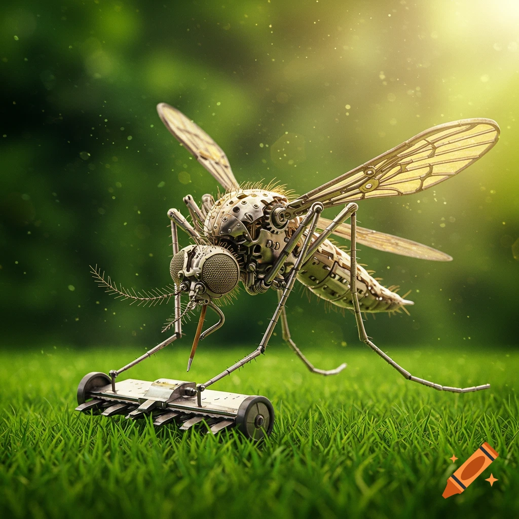 A highly detailed, steampunk-style mechanical mosquito with a lawnmower attachment stands on green grass under sunlight.