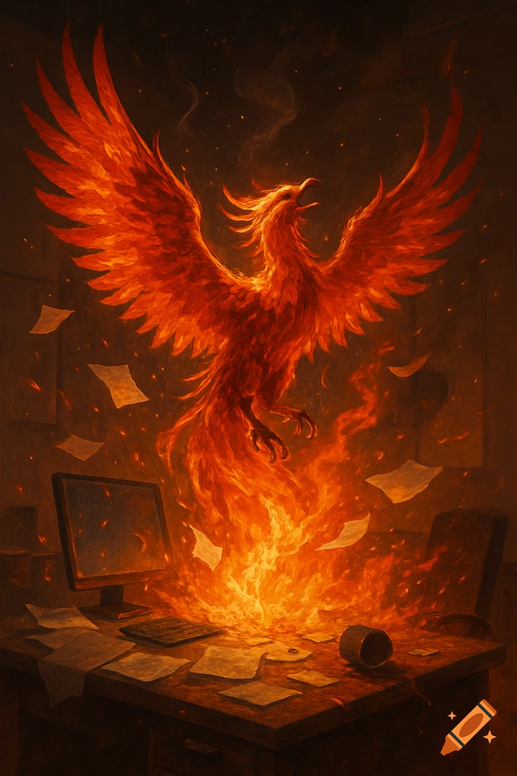 A vibrant, fiery phoenix with large wings emerges from a burning office desk with papers flying around, symbolizing rebirth.
