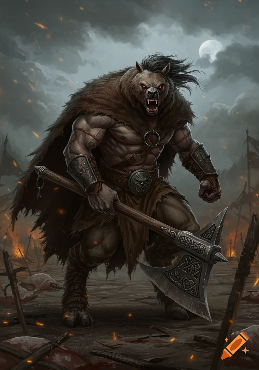 A hulking, muscular bear-humanoid warrior with glowing red eyes and a fur cloak, holding a large ornate axe amidst a smoky, fiery battlefield under a full moon. Dark fantasy art style.