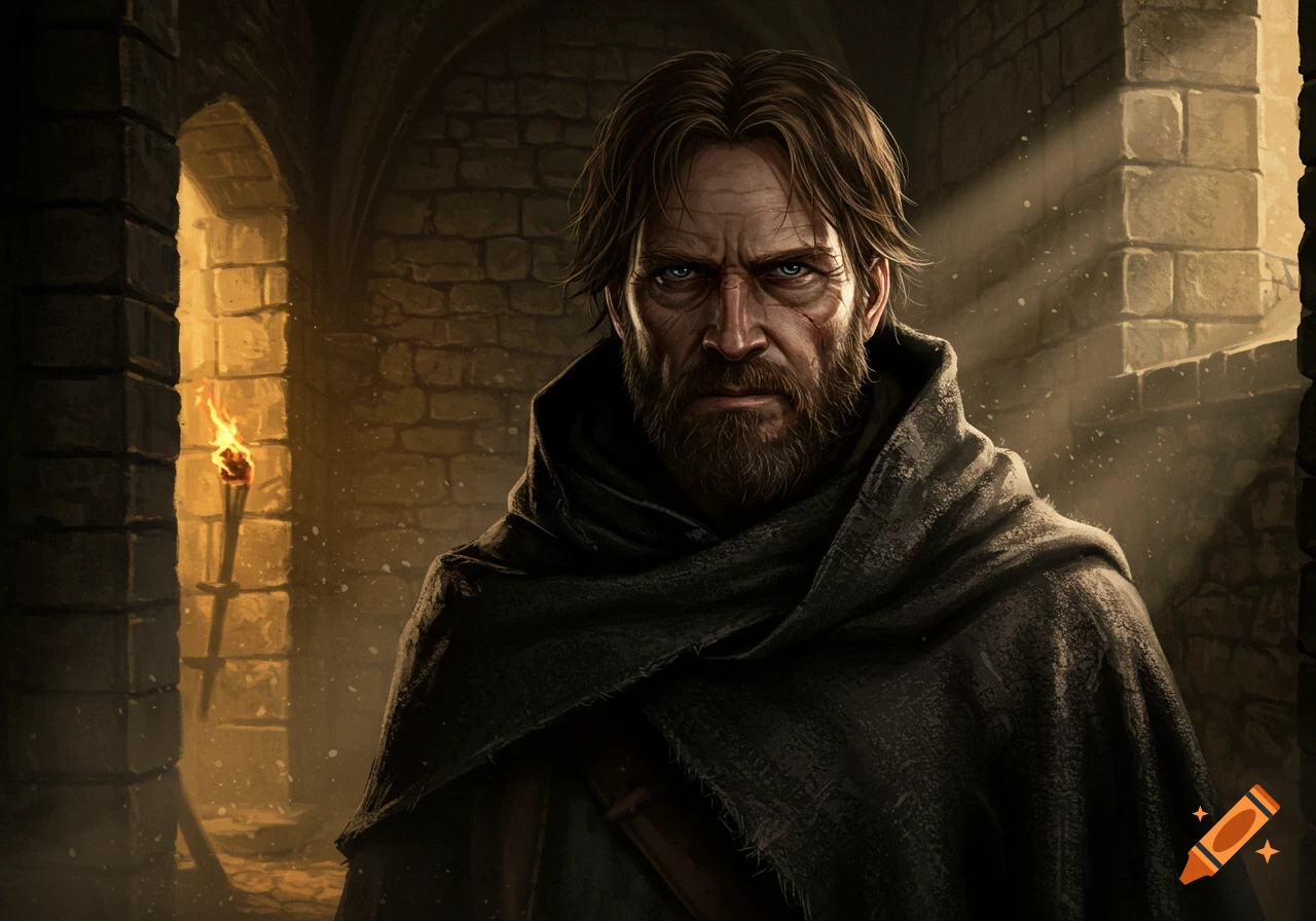 A photorealistic portrait of an intense bearded man in a dark cloak standing in a medieval stone dungeon with a lit torch.