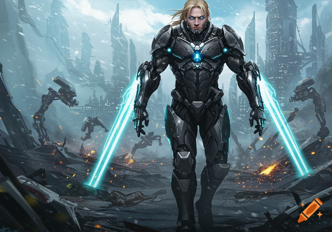 A powerful blonde male in dark futuristic power armor with glowing blue energy blades stands in a ruined, snowy sci-fi city with other mechs.