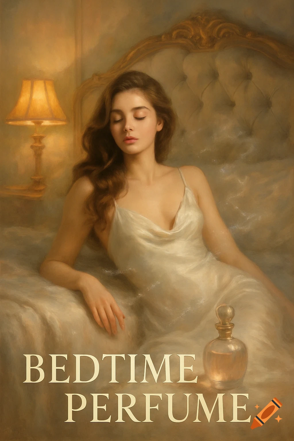 A serene young woman in a nightgown reclines on a bed next to a lamp and perfume bottle, with "BEDTIME PERFUME" text. Painterly style.