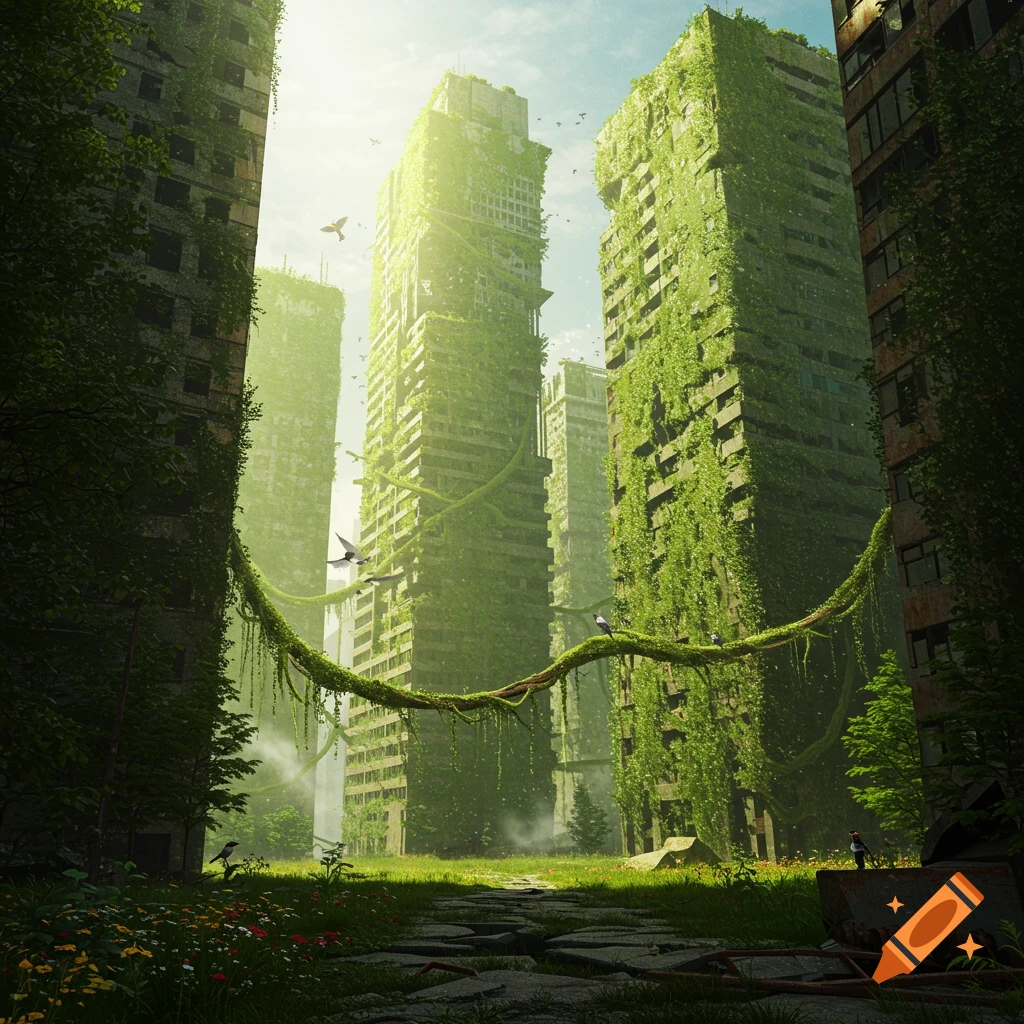 Photorealistic view of a post-apocalyptic city with skyscrapers overgrown by green vines and lush foliage, a path leads through grass.