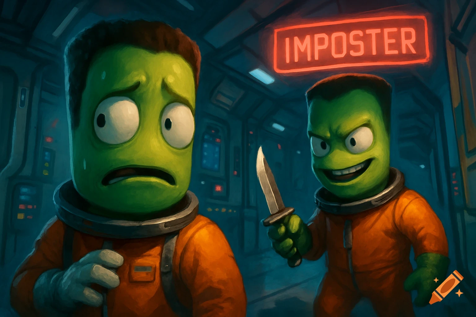 Two green Kerbal-like characters in orange suits inside a space station. One looks scared and is sweating, while the other grins sinisterly, holding a knife, with a neon sign above its head reading "IMPOSTER."