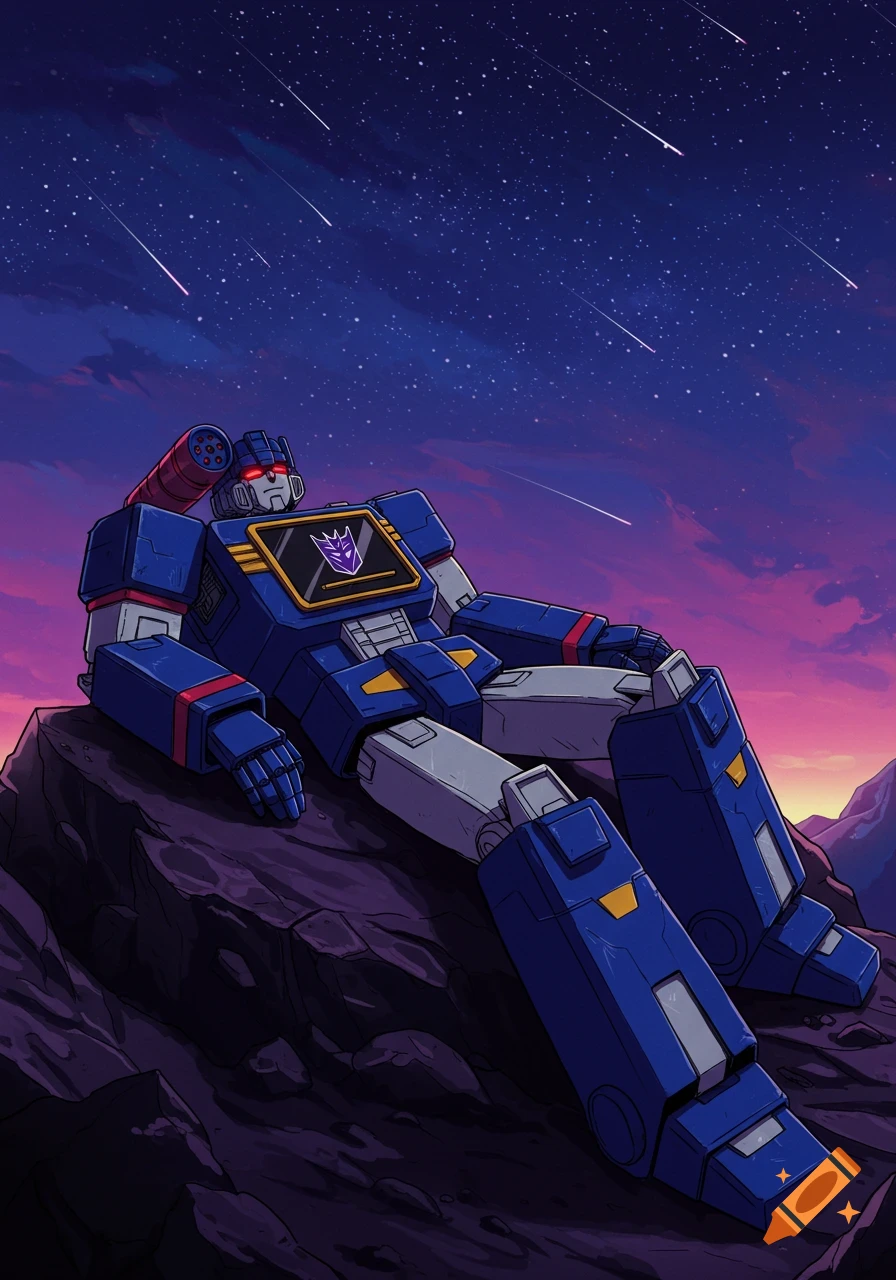 Soundwave, a blue and grey robot, lays on a dark rock formation under a starry night sky with shooting stars, in an anime style.