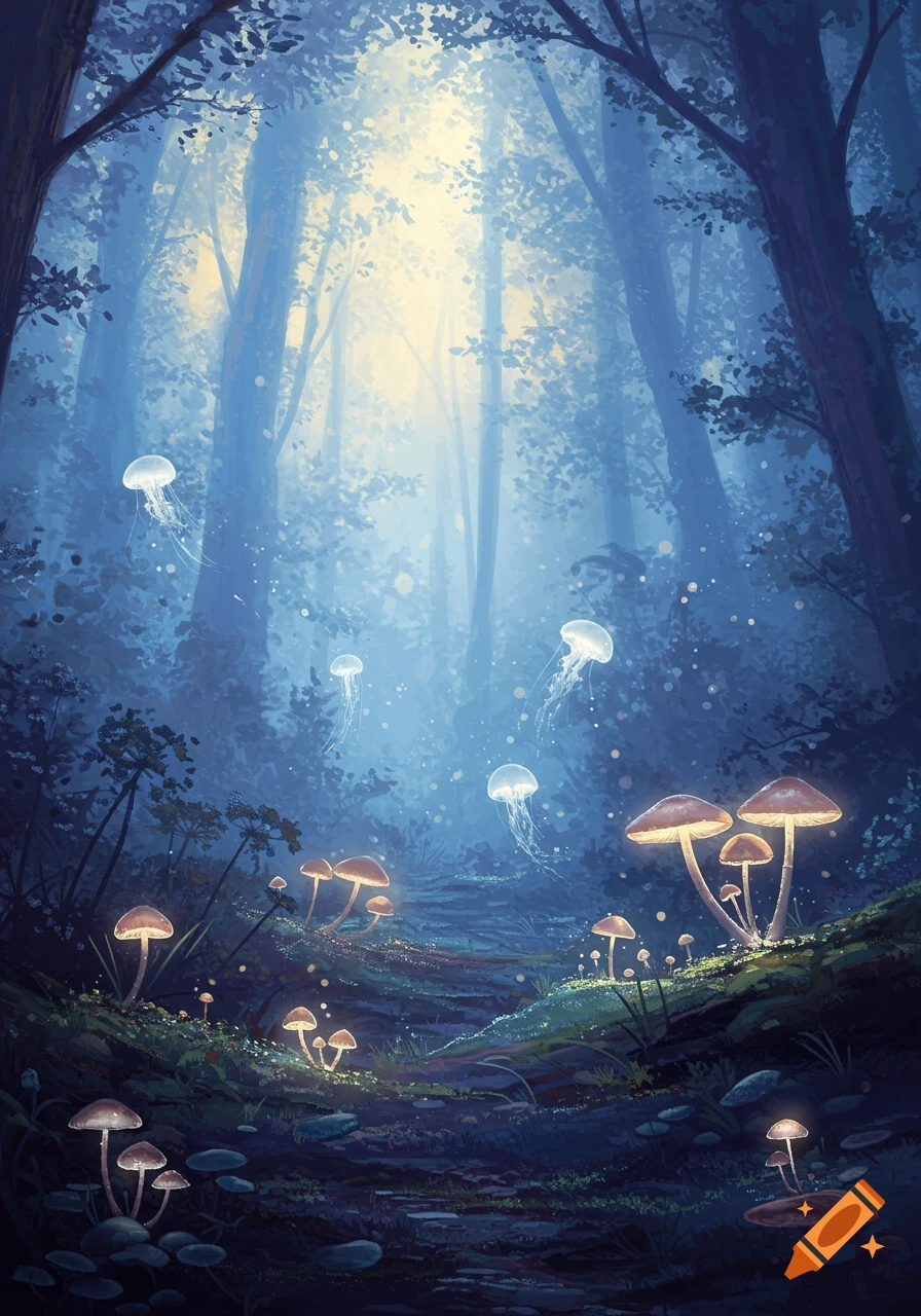 A vibrant, ethereal oil painting of a mystical forest with glowing mushrooms and floating bioluminescent jellyfish-like creatures.