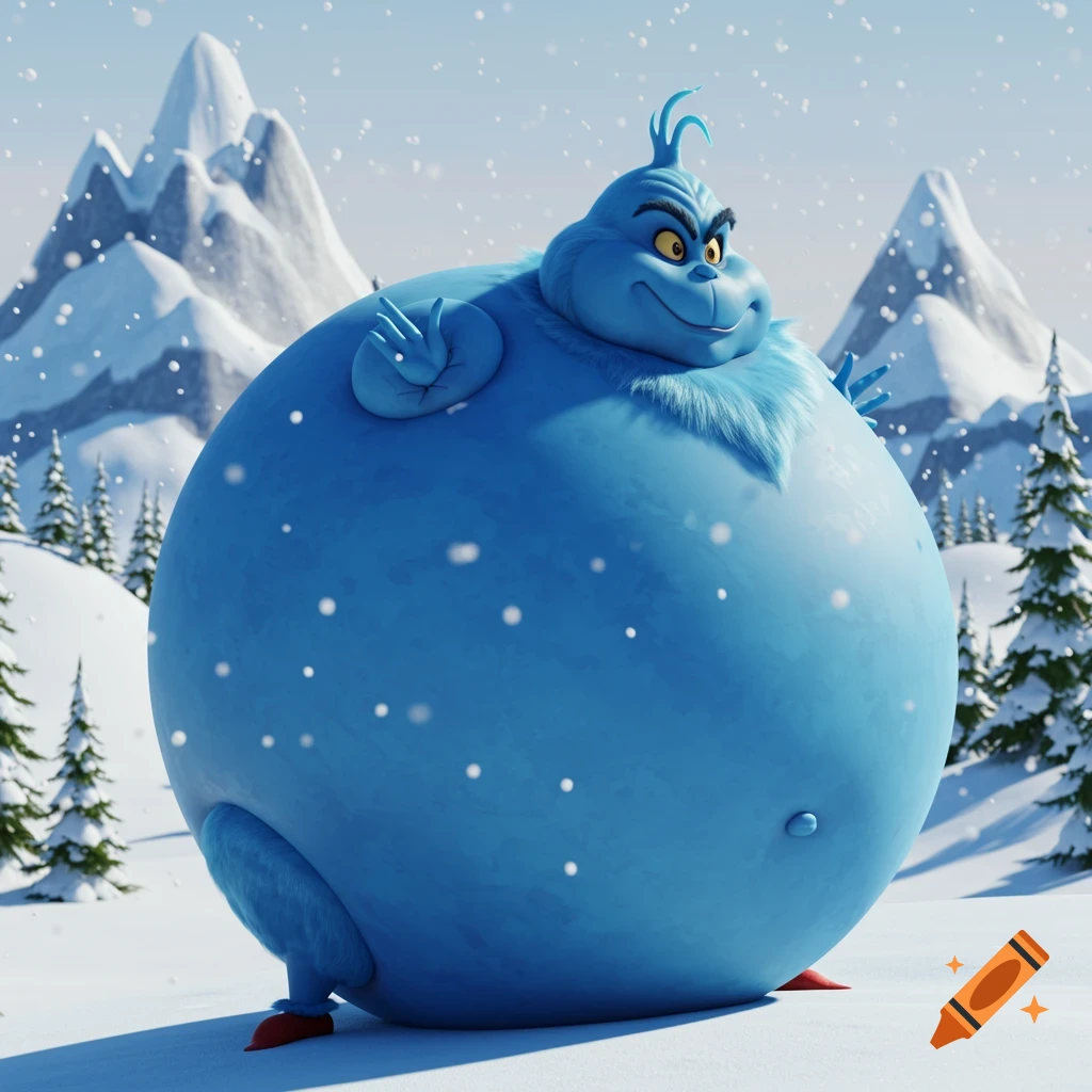 A cartoon character with blue skin, resembling the Grinch, inflated into a giant blueberry, stands in a snowy mountain landscape.