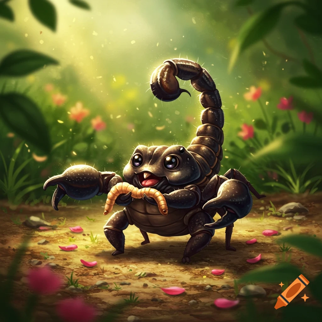 A cute, happy cartoon scorpion holds a mealworm in its claw amidst a sunlit, leafy forest floor.