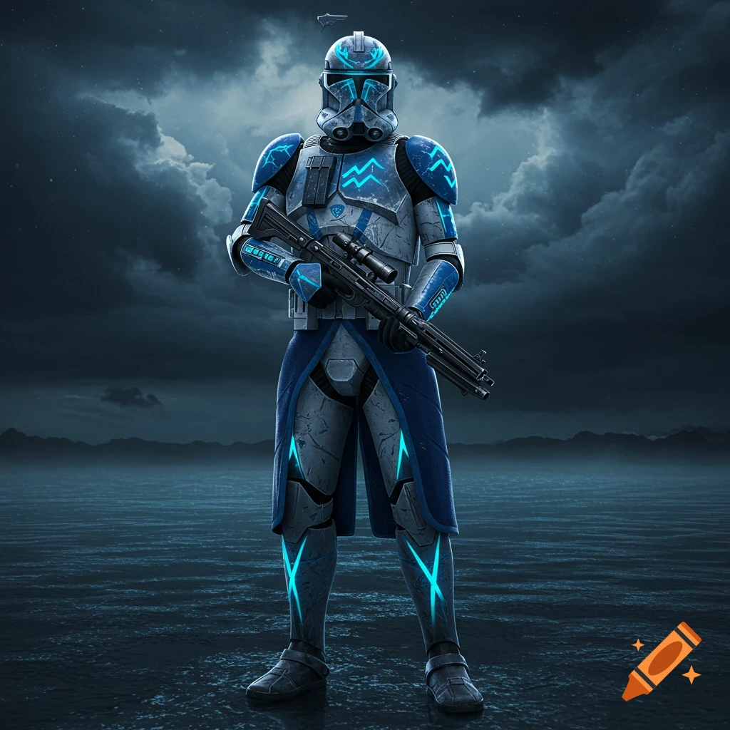 A futuristic blue and silver armored clone commando stands on a reflective alien lake under stormy clouds, holding a rifle with glowing cyan accents.