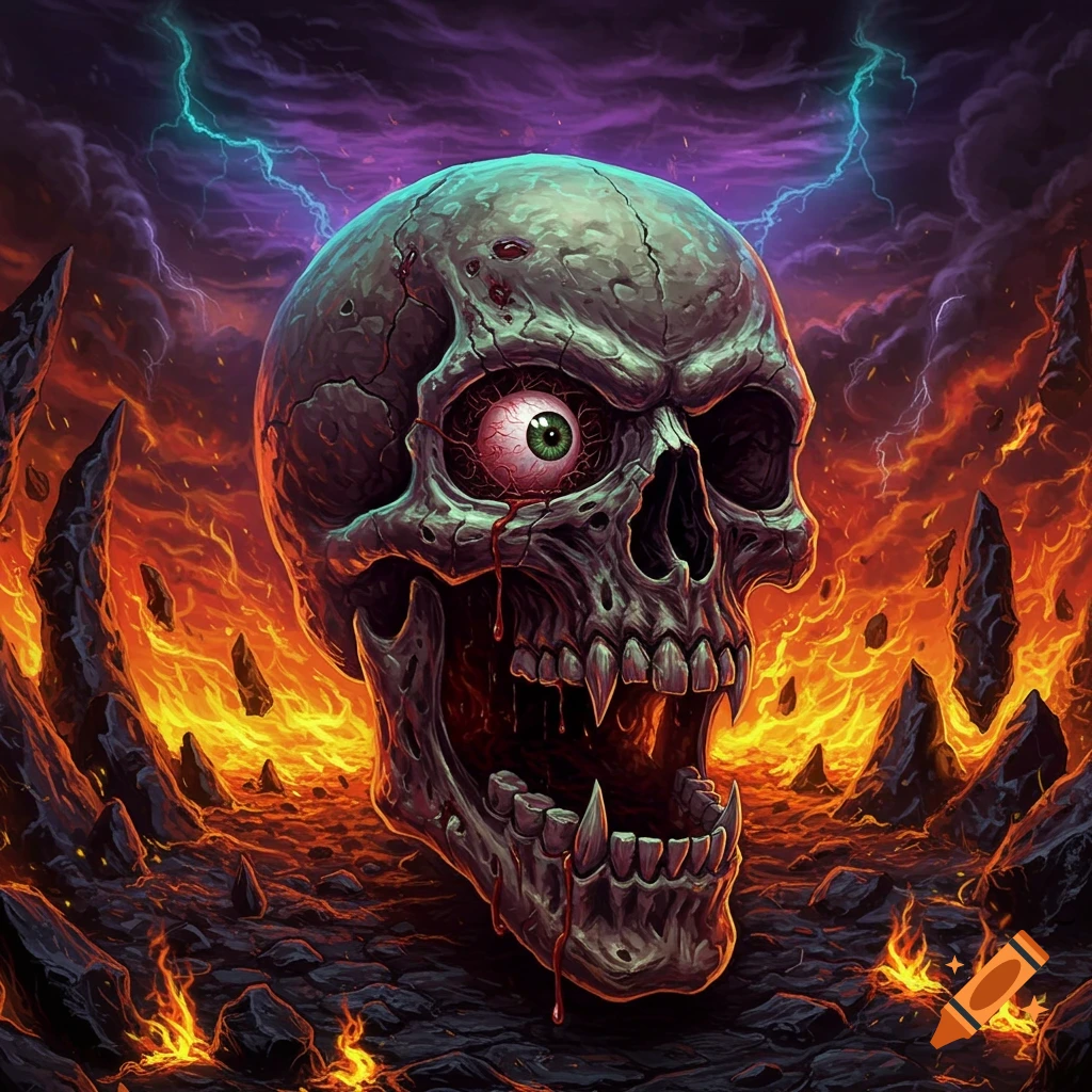A stylized, detailed skull with a single green eyeball hanging out of its right eye socket, surrounded by a fiery hellscape with volcanic rocks and purple lightning in a stormy sky.