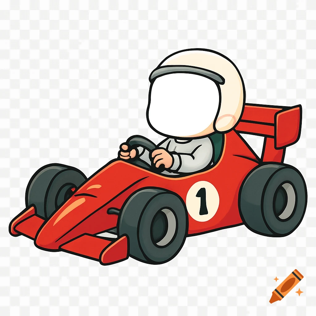 A cute cartoon red Formula 1 race car with the number 1, driven by a baby with a blank head.