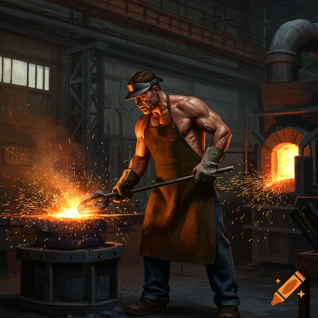 A muscular blacksmith in an apron and protective eyewear works on hot metal on an anvil, creating a shower of sparks in a dark industrial forge.