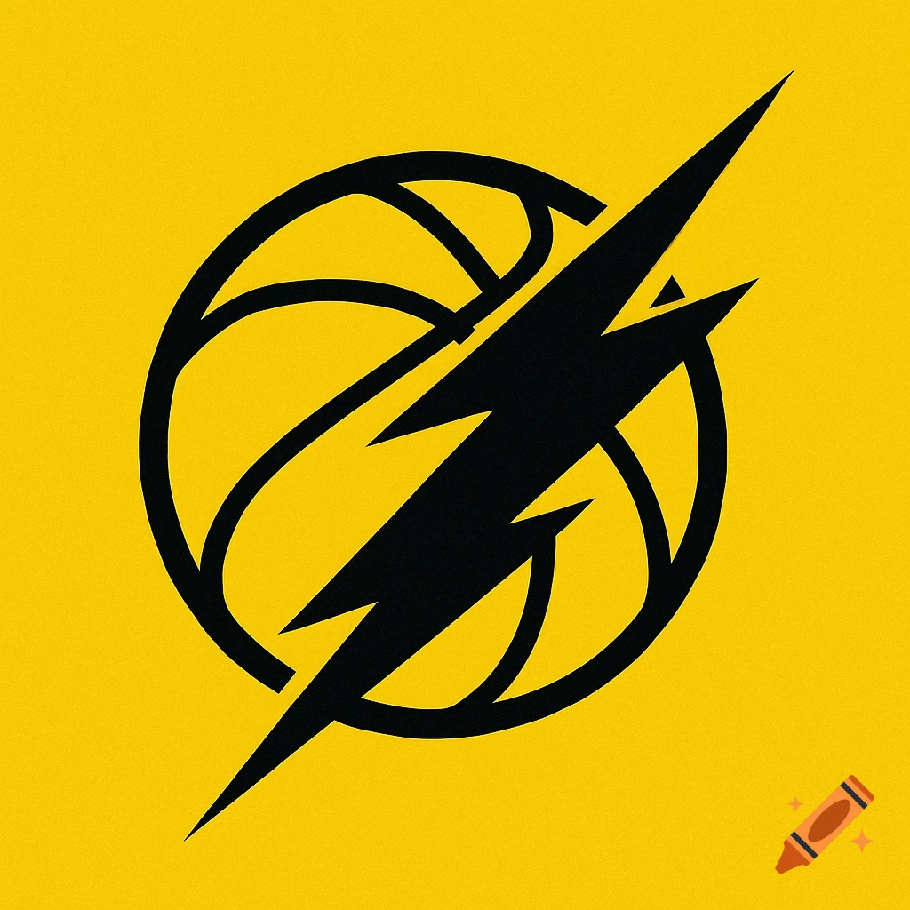 A logo with a black lightning bolt over a black basketball outline on a solid yellow background.