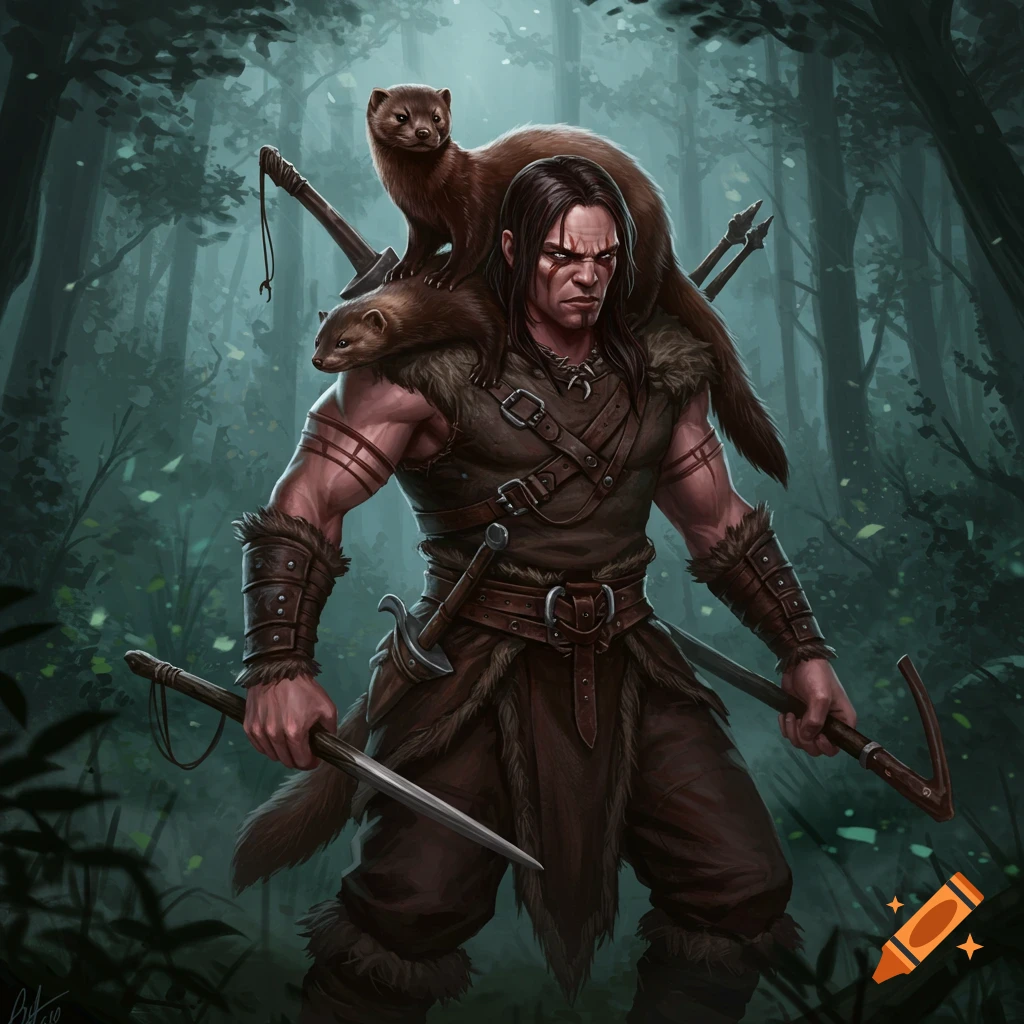A muscular fantasy warrior with two weasels on his shoulders holds weapons in a dark, lush forest. Digital painting.