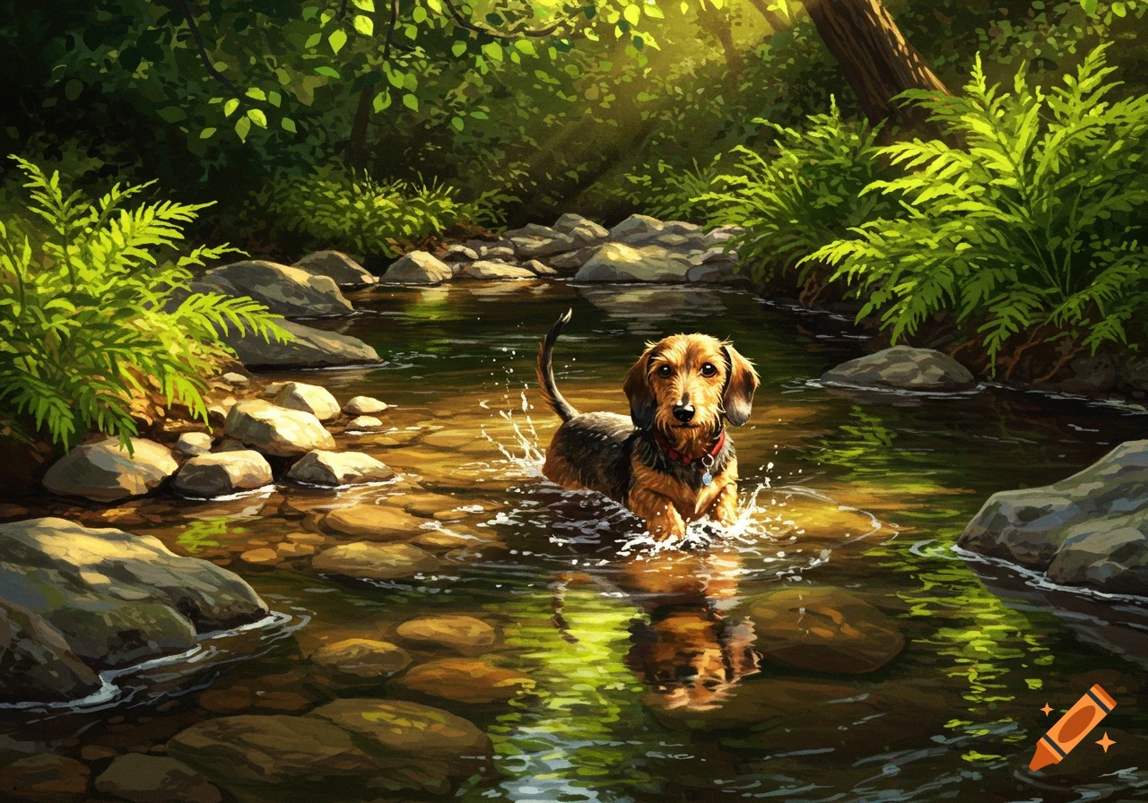 A tan and black Dachshund paddles in a sunlit rocky creek surrounded by green ferns, in an illustrative style.