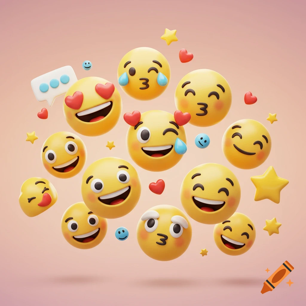 A vibrant group of 3D rendered emojis with various expressions, including winking, laughing, and kissy faces, floating on a soft pink background with stars and hearts.
