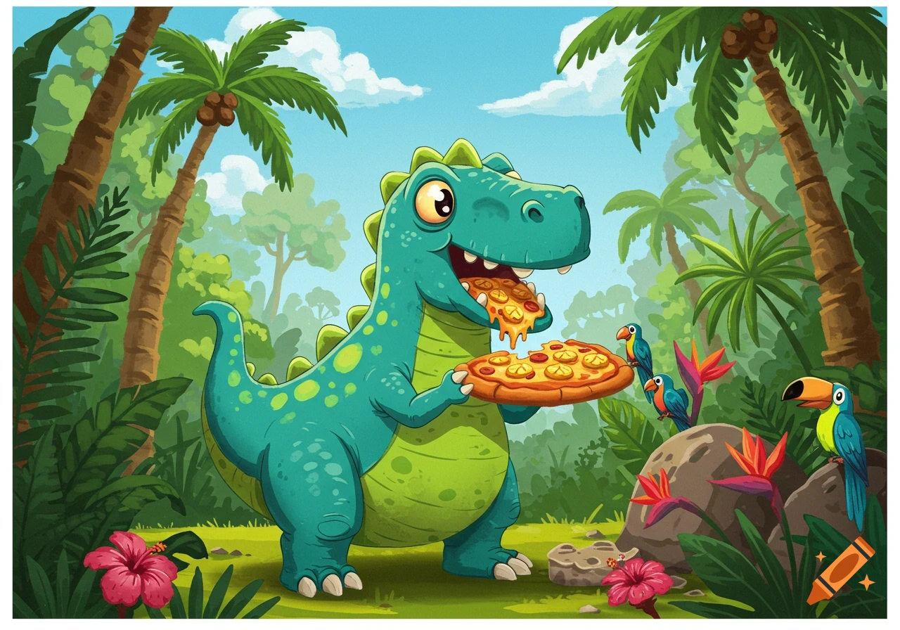 A cute cartoon dinosaur in a lush jungle holds a whole pizza and eats a slice with cheese dripping.