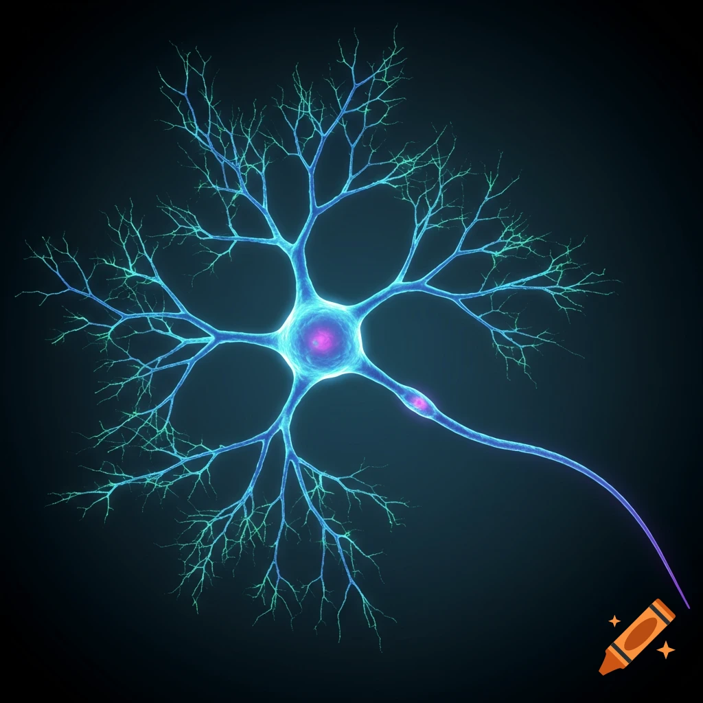 A glowing blue and green neuron illustration on a dark background.