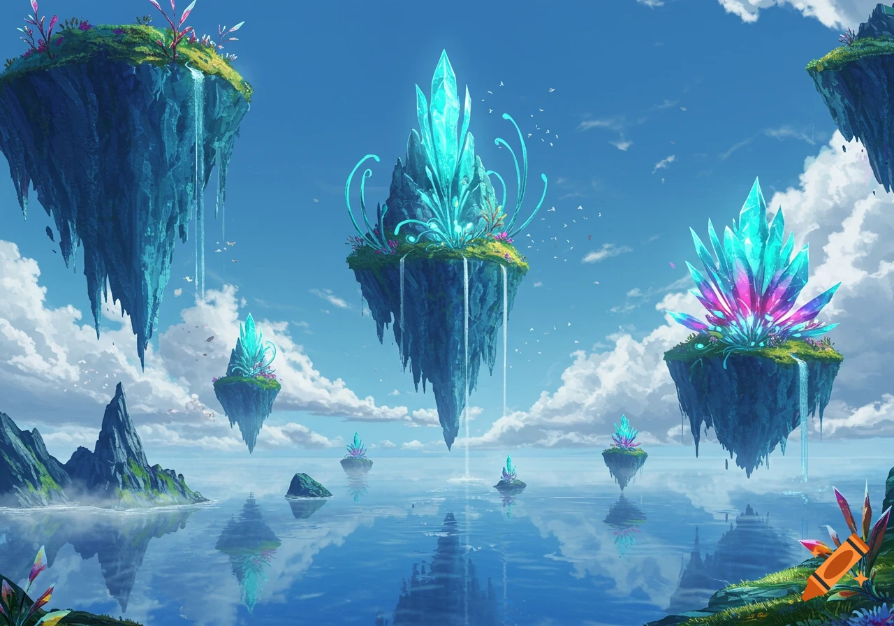 A surreal fantasy landscape featuring multiple floating islands with glowing turquoise and pink crystals, waterfalls, and lush greenery, suspended above calm water under a blue sky.