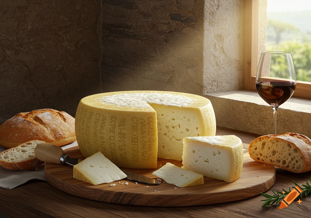 Photorealistic still life of a large cheese wheel, sliced bread, and a glass of red wine on a wooden board by a window.