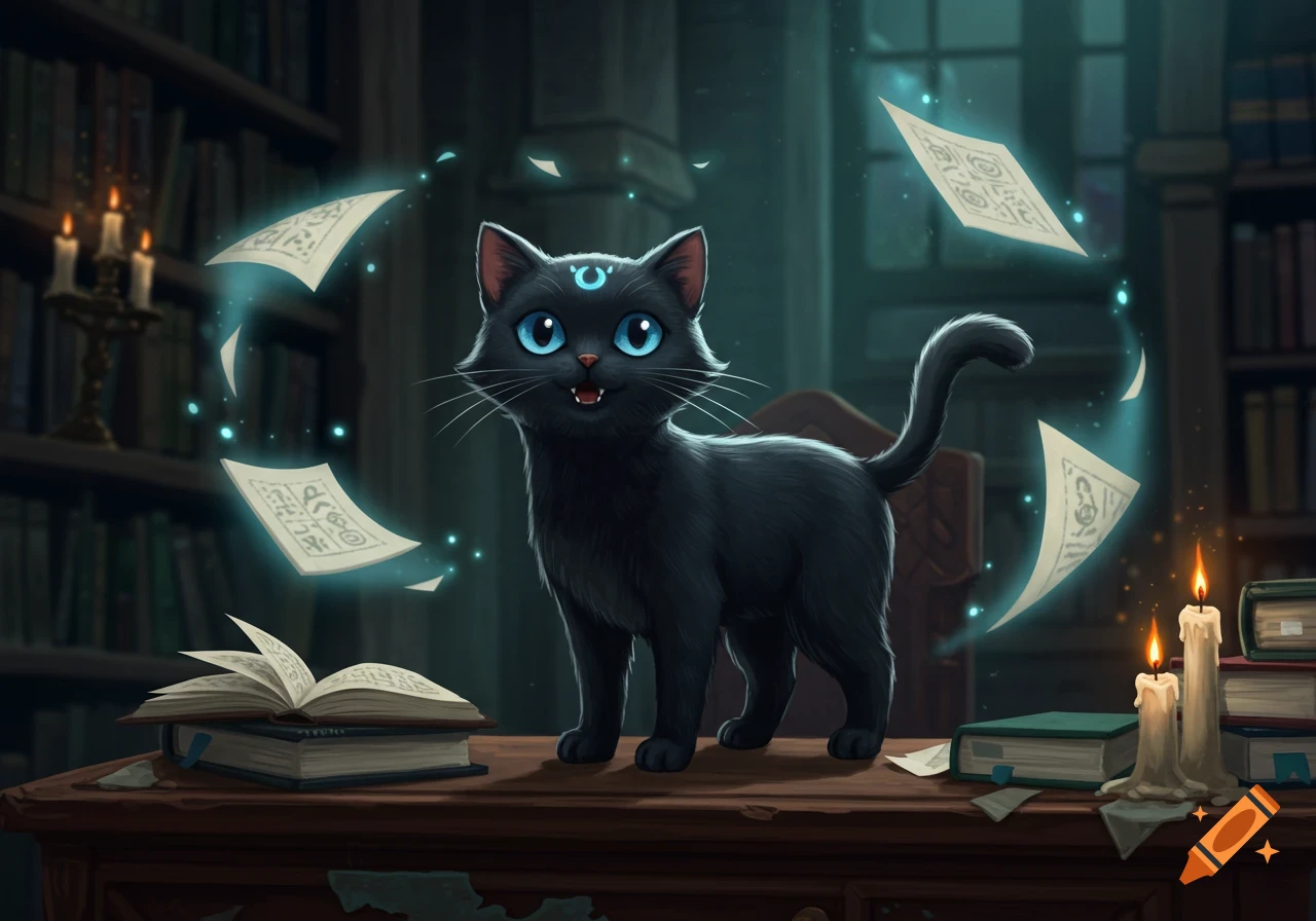 A black cat with glowing blue eyes and a crescent moon symbol on its forehead stands on a desk, surrounded by glowing magical papers, books, and candles in a dark library.