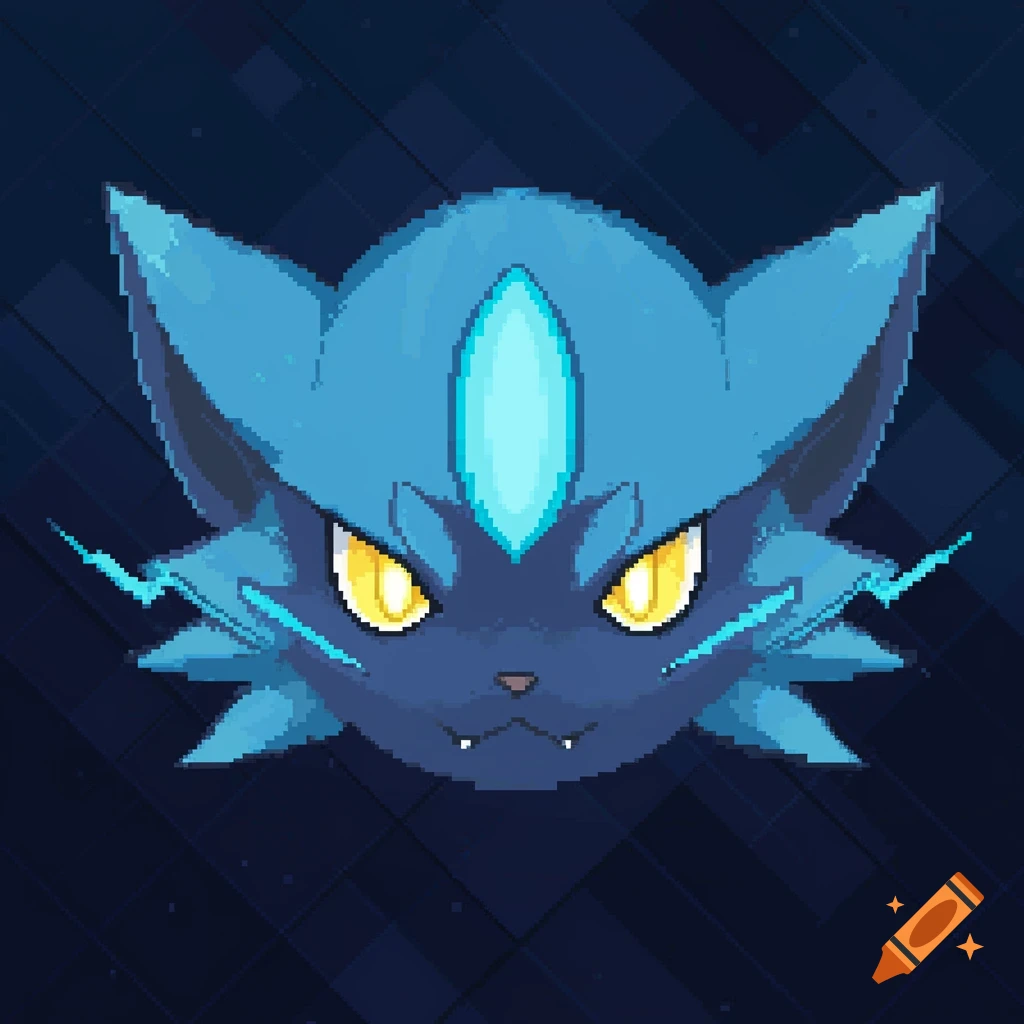 A pixel art drawing of Zeraora's face, a blue and black creature with yellow eyes and glowing blue accents.