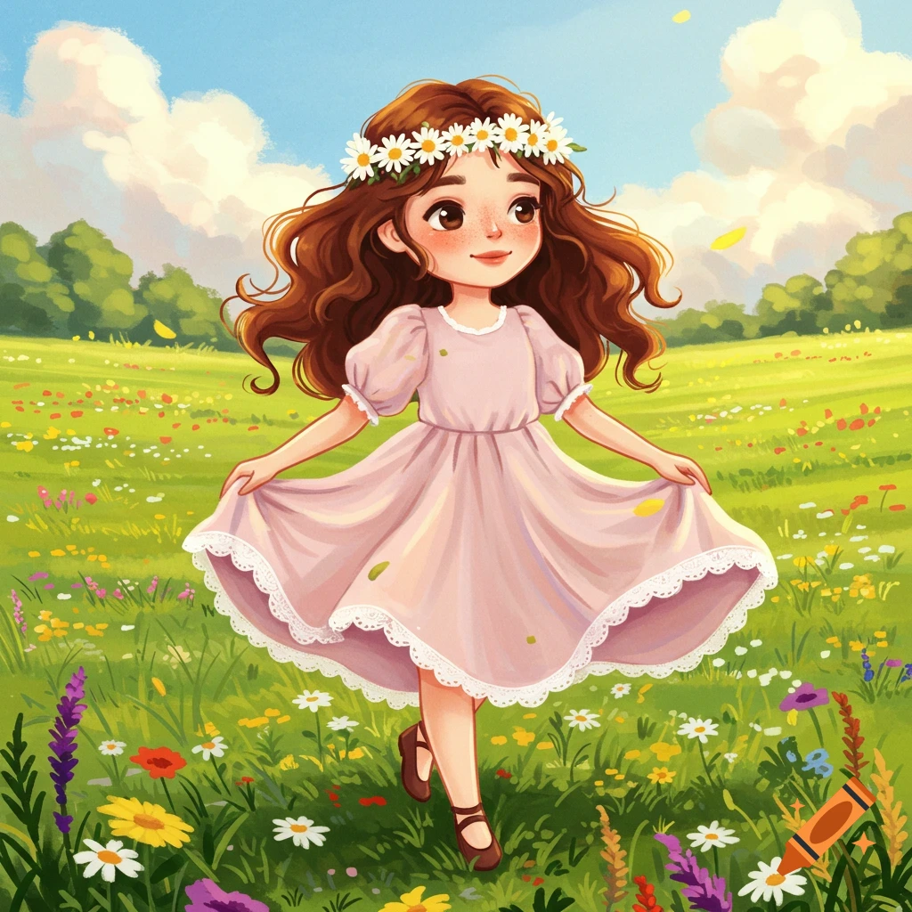 A cute cartoon girl with brown hair and a daisy crown skipping in a field of wildflowers under a blue sky.